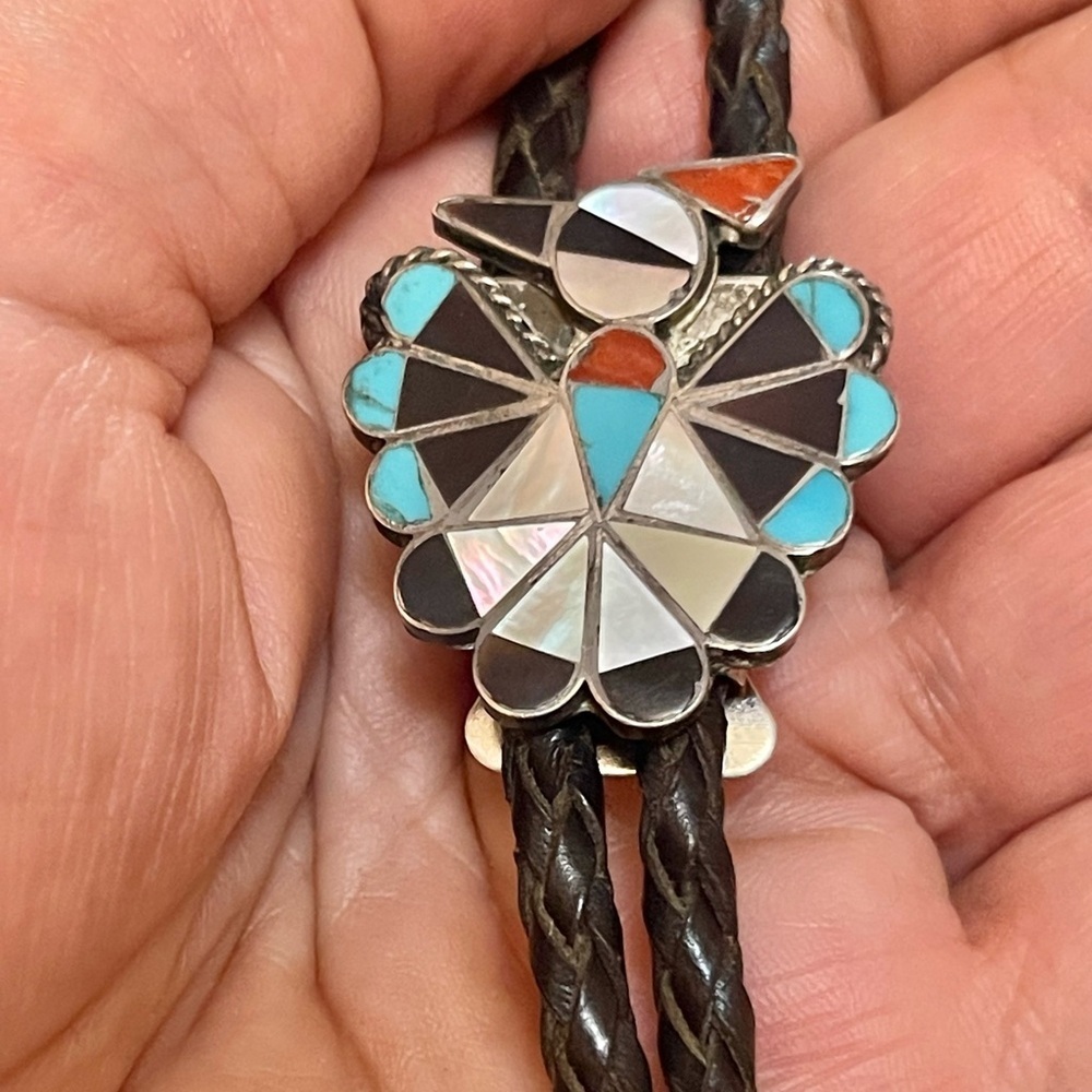 VTG Native American ZUNI STERLING SILVER MOSAIC INLAY THUNDERBIRD BOLO TIE Sign - Picture 7 of 10
